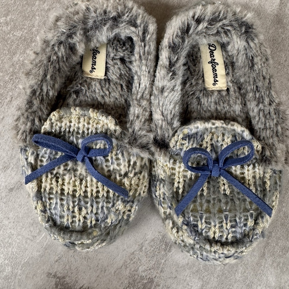 Dearfoams‎ Unisex Kids Fairisle Moccasin Slipper Heather Grey Light Blue Sz 7/8